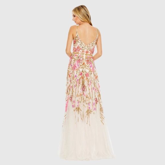 MAC DUGGAL 5671 Beige V Neck Floral Embellished Spaghetti Strap Gown Dress - Picture 5 of 14